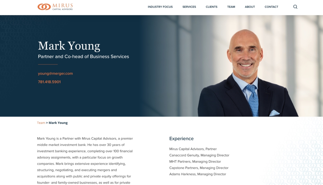 Investment Bank Bio Page Web Design Pagano Media Mirus